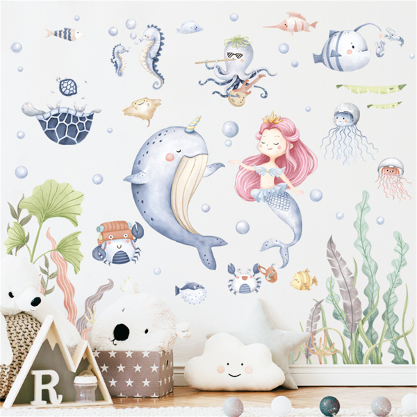 儿童房海洋鱼儿墙画海豚美人鱼水草装饰贴画教室儿童房墙贴-3