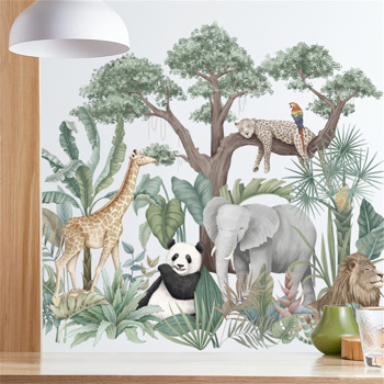 热带雨林植物墙纸大象长颈鹿狮子背景贴画芭蕉树墙贴