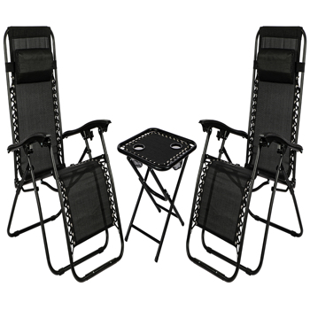 黑色折叠躺椅零重力花园椅2件套，重型纺织品太阳椅，带折叠桌和可调节头枕-花园庭院露营用户外花园椅