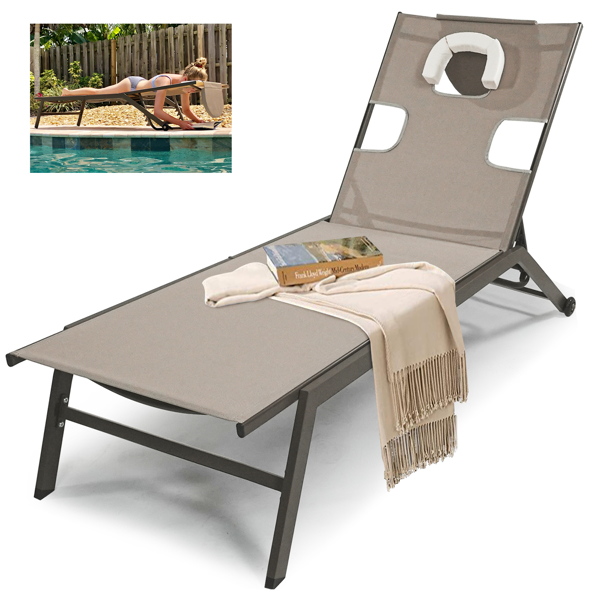 棕色带可调节靠背和轮子的花园太阳椅，户外躺椅，用于庭院花园露营海滩休闲的户外太阳床-3