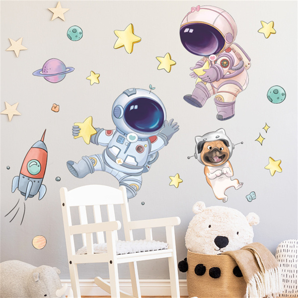 可爱星空贴纸儿童房装饰背景自粘墙纸宇航员火箭星星墙贴纸-3