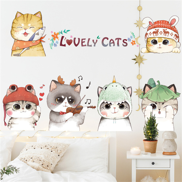 墙贴手绘猫咪可爱卡通创意宠物商店卧室墙贴纸萌猫贴画-1