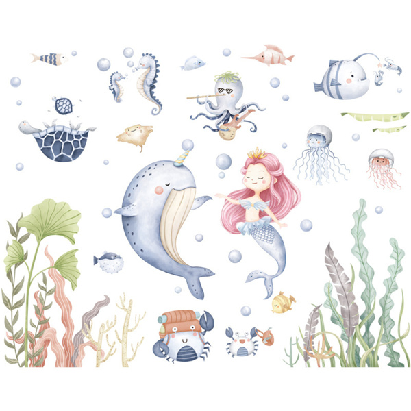 儿童房海洋鱼儿墙画海豚美人鱼水草装饰贴画教室儿童房墙贴-5