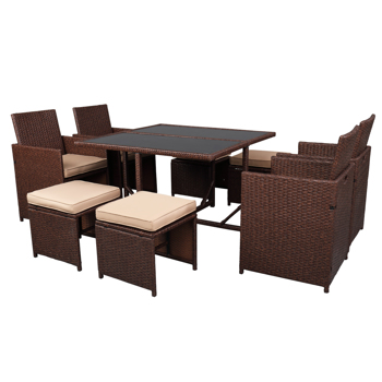  餐桌椅9件套 2块玻璃 棕色木纹藤 卡其坐垫 编藤多件套 PE 铁框架 150kg 凳子可收纳 