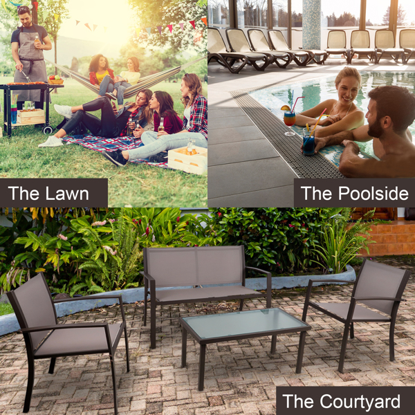 棕色4件套花园家具套装，庭院家具玻璃茶几配2个纺织扶手椅1个双座沙发，用于庭院户外池畔-10