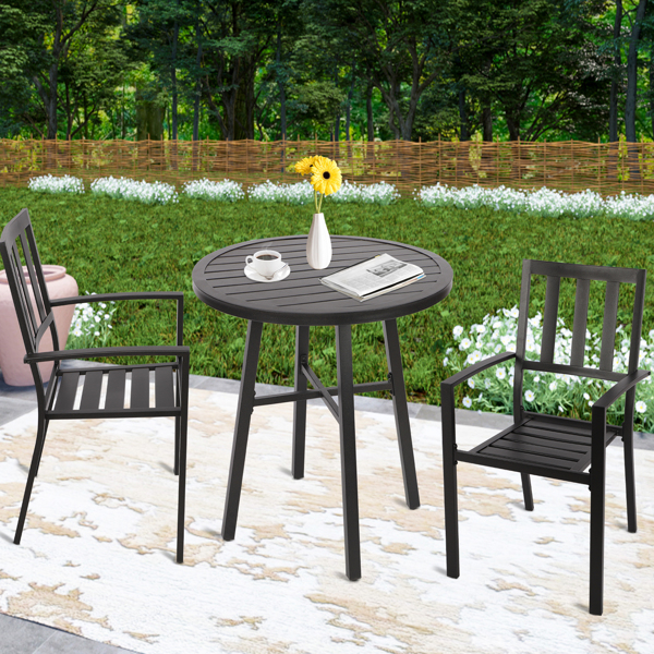 黑色小餐吧家具套装，2个椅子带圆桌，花园金属圆桌配2个扶手椅，适用于户外后院门廊，池边草坪阳台。-3