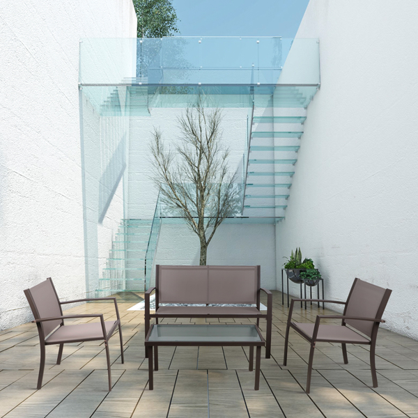 棕色4件套花园家具套装，庭院家具玻璃茶几配2个纺织扶手椅1个双座沙发，用于庭院户外池畔-7