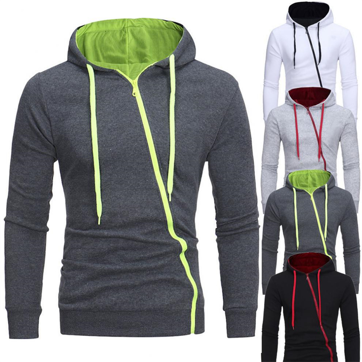 Men's Fashion Diagonal Zipper Slim Fit Casual Hooded Cardigan Sweatshirt