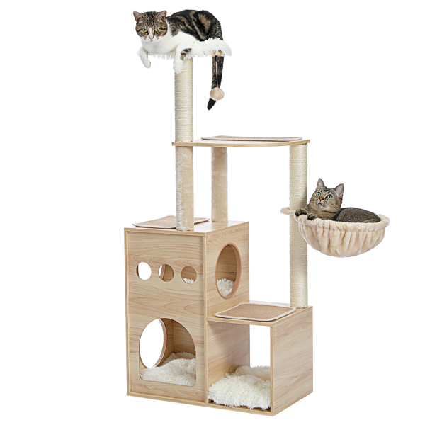 豪华独特的猫台带有3个舒适的猫窝和1个顶部躺窝，1个宽敞的吊床，剑麻猫抓柱和互动玩具吊球-7