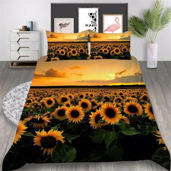 床上用品套家纺向日葵印花羽绒被套带枕套床上用品床上用品套装