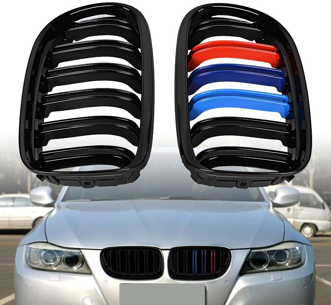 LEAVAN Glossy black tri-color two-line front kidney grid grid 2009-2011 E90 Grille for BMW 3 Series E90 09-12