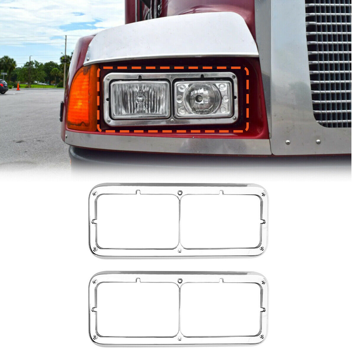 LEAVAN For Kenworth T600 Peterbilt379 12' Chrome Headlight Bezels Dual Rectangle LH+RH