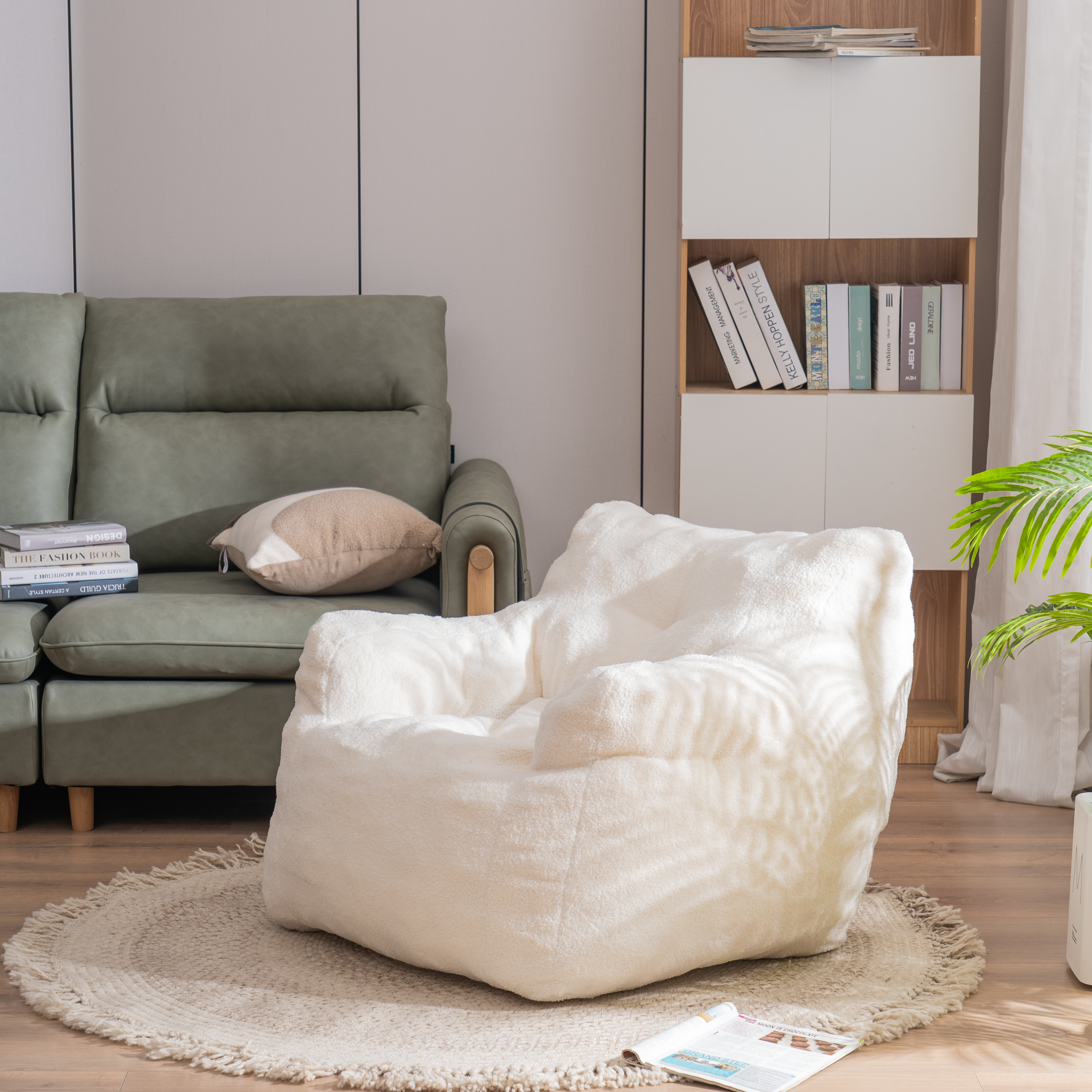 Soft Tufted foam bean bag chair with Teddy fabric White