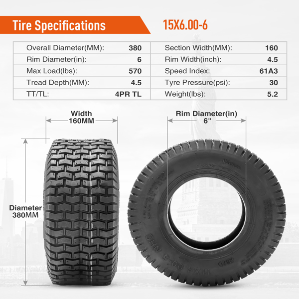 （禁售Amazon Walmart平台）Set Of 2 15x6.00-6 Lawn Mower Tires 4Ply 15x6.00x6 草地胎轮胎-2