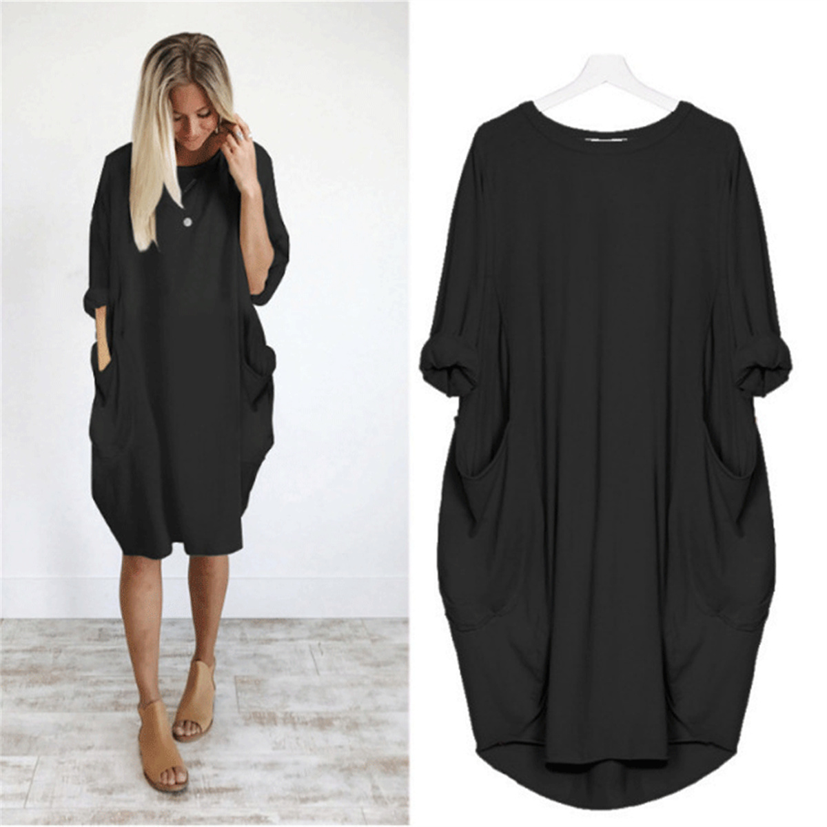 Wholesale Custom Logo Goods Black Spring And Summer Round Neck Simple Fashion Women Loose Ladies Plus Size Dress