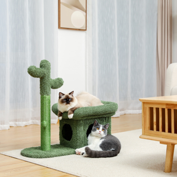 绿色仙人掌猫台带有1个舒适的猫窝和1个顶部躺窝，剑麻猫抓柱以及猫互动玩具吊球
