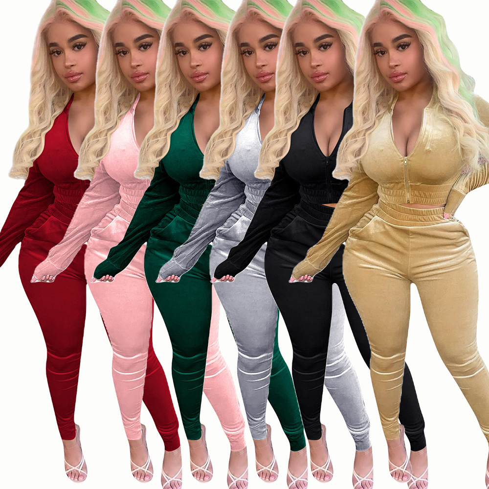 2022 Hot Selling Women Velvet Suits Clothes Long Sleeve Zipper Tops High Waist Pants Casual Tracksuit 2 Piece Set