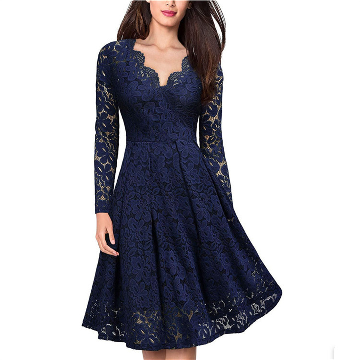 Wholesales dresses women lady elegant summer lace v-neck ruffle hollow out midi dresses