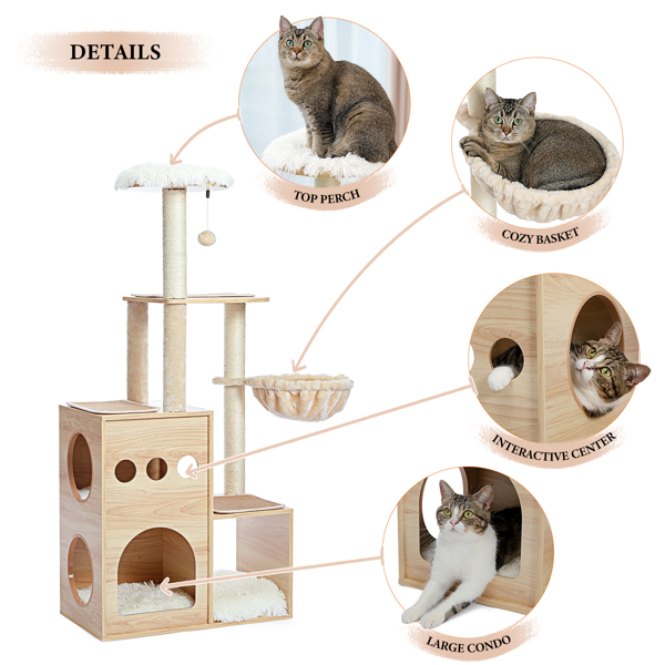 豪华独特的猫台带有3个舒适的猫窝和1个顶部躺窝，1个宽敞的吊床，剑麻猫抓柱和互动玩具吊球-5