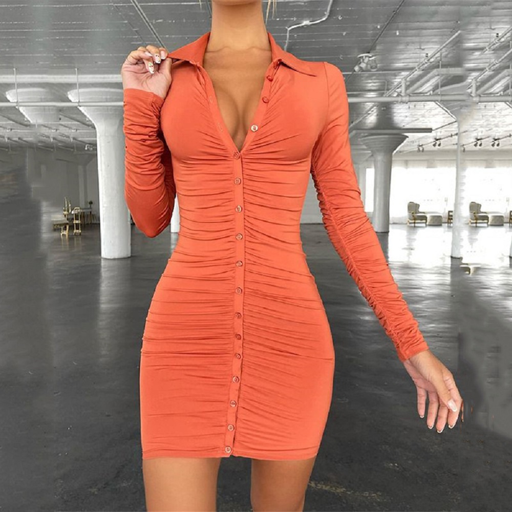 Long Sleeve Single-breasted Bodycon Knit Cardigan Dresses Ladies Sexy Casual Plain Ruched Elastic Mini Shirt Women Dress