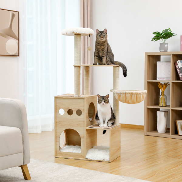 豪华独特的猫台带有3个舒适的猫窝和1个顶部躺窝，1个宽敞的吊床，剑麻猫抓柱和互动玩具吊球-1