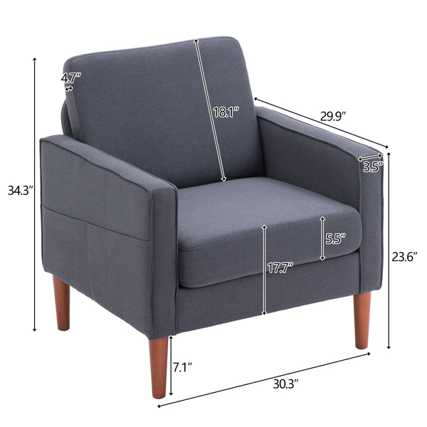 二代 单人位 不带贵妃 实木框架 可与双人位三人位组合 室内组合沙发 麻布 实木腿 80*76*85cm 深灰色 N101-3