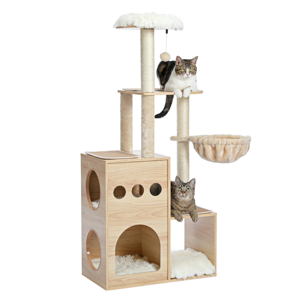 豪华独特的猫台带有3个舒适的猫窝和1个顶部躺窝，1个宽敞的吊床，剑麻猫抓柱和互动玩具吊球-2
