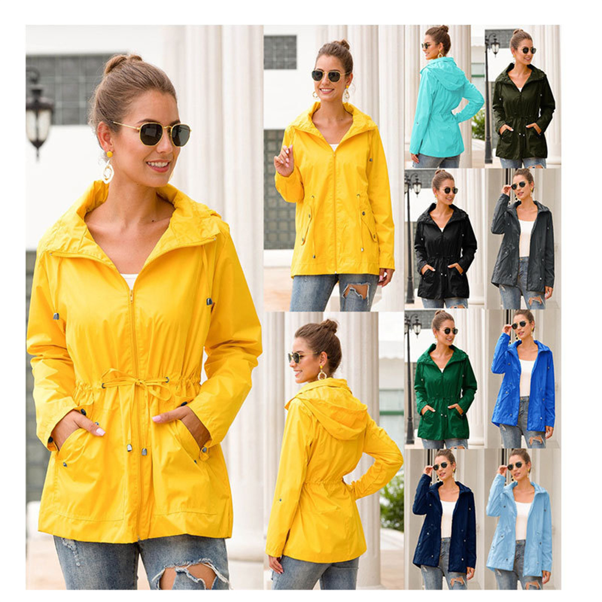 Women Outdoor Solid Color Plus Size Waterproof Raincoats Women's Coats Hooded Hiking Jacket With Belt