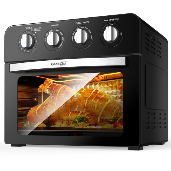 Geek Chef 空气炸锅烤箱，24QT 对流空气炸锅台面烤箱，黑色外壳，单玻璃门，4 个机械旋钮，1700W