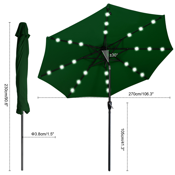 9ft 2.7m太阳能LED灯手摇伞 可倾斜 铁制8伞骨 墨绿色 不带底座-6