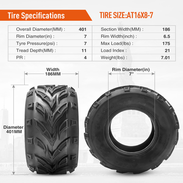 （禁售Amazon Walmart平台）Set Of 2 16x8-7 ATV Tires 4Ply Heavy Duty 16x8x7 轮胎-2