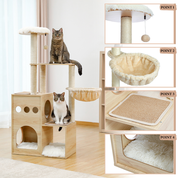 豪华独特的猫台带有3个舒适的猫窝和1个顶部躺窝，1个宽敞的吊床，剑麻猫抓柱和互动玩具吊球-4