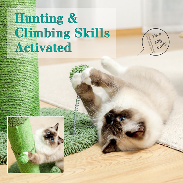 绿色仙人掌猫抓柱子带有3个猫抓柱，1个吊球，猫互动玩具适合小型猫-7