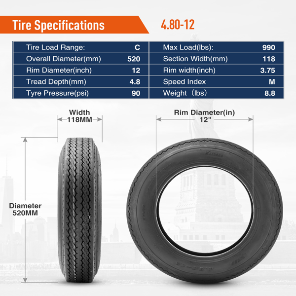 （禁售Amazon Walmart平台）Set Of 2 4.80-12 Trailer Tires 6Ply 拖车胎轮胎-2