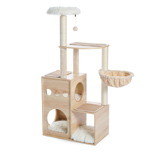 豪华独特的猫台带有3个舒适的猫窝和1个顶部躺窝，1个宽敞的吊床，剑麻猫抓柱和互动玩具吊球-12