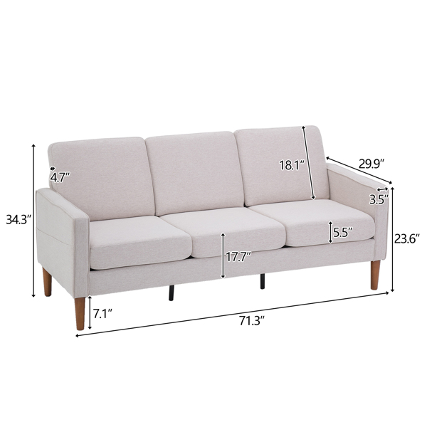二代 三人位 不带贵妃 实木框架 可与单人位双人位组合 室内组合沙发 麻布 实木腿 185*76*85cm 米白色 N101-2