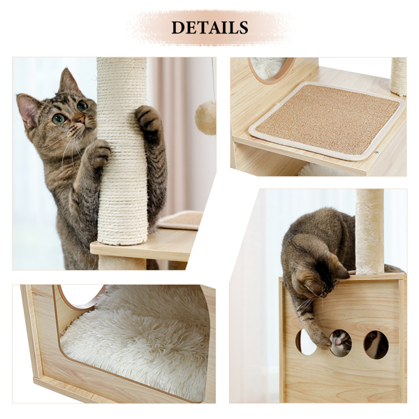 豪华独特的猫台带有3个舒适的猫窝和1个顶部躺窝，1个宽敞的吊床，剑麻猫抓柱和互动玩具吊球-6