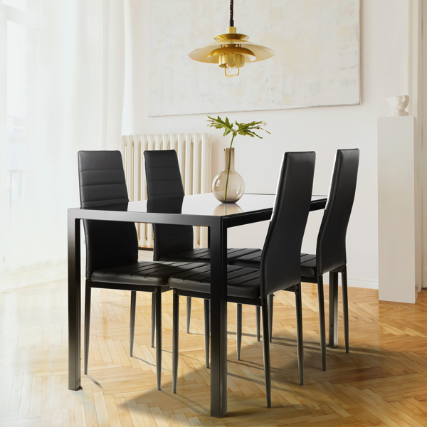 5 件套 4 人餐桌套装，厨房钢化玻璃餐桌，4 人造皮椅，黑色-1