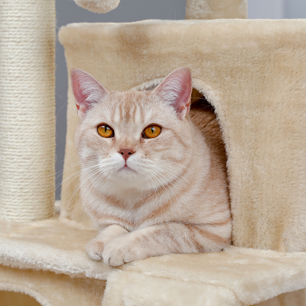 米色多层豪华猫台带有2个舒适猫窝，1个宽敞的顶部躺窝，猫抓柱，坡道和猫互动玩具晃球-7