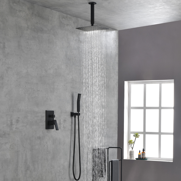 哑光黑色淋浴套装系统浴室豪华雨淋式淋浴组合套装天花板安装花洒淋浴头水龙头-40