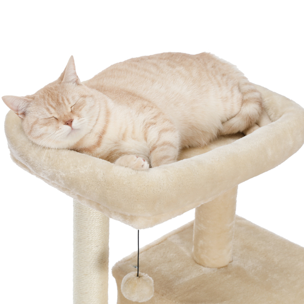 米色多层豪华猫台带有2个舒适猫窝，1个宽敞的顶部躺窝，猫抓柱，坡道和猫互动玩具晃球-5