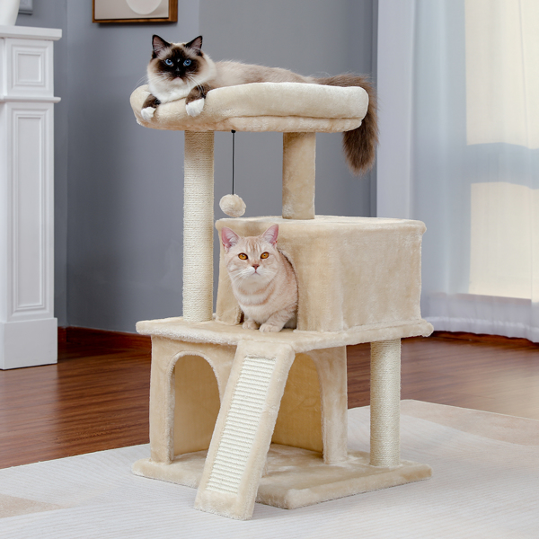 米色多层豪华猫台带有2个舒适猫窝，1个宽敞的顶部躺窝，猫抓柱，坡道和猫互动玩具晃球（周末无法发货，请谨慎下单）-1