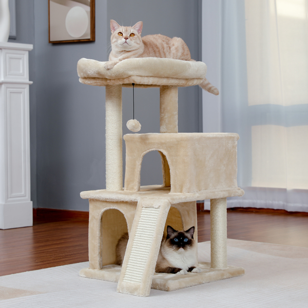 米色多层豪华猫台带有2个舒适猫窝，1个宽敞的顶部躺窝，猫抓柱，坡道和猫互动玩具晃球（周末无法发货，请谨慎下单）-10