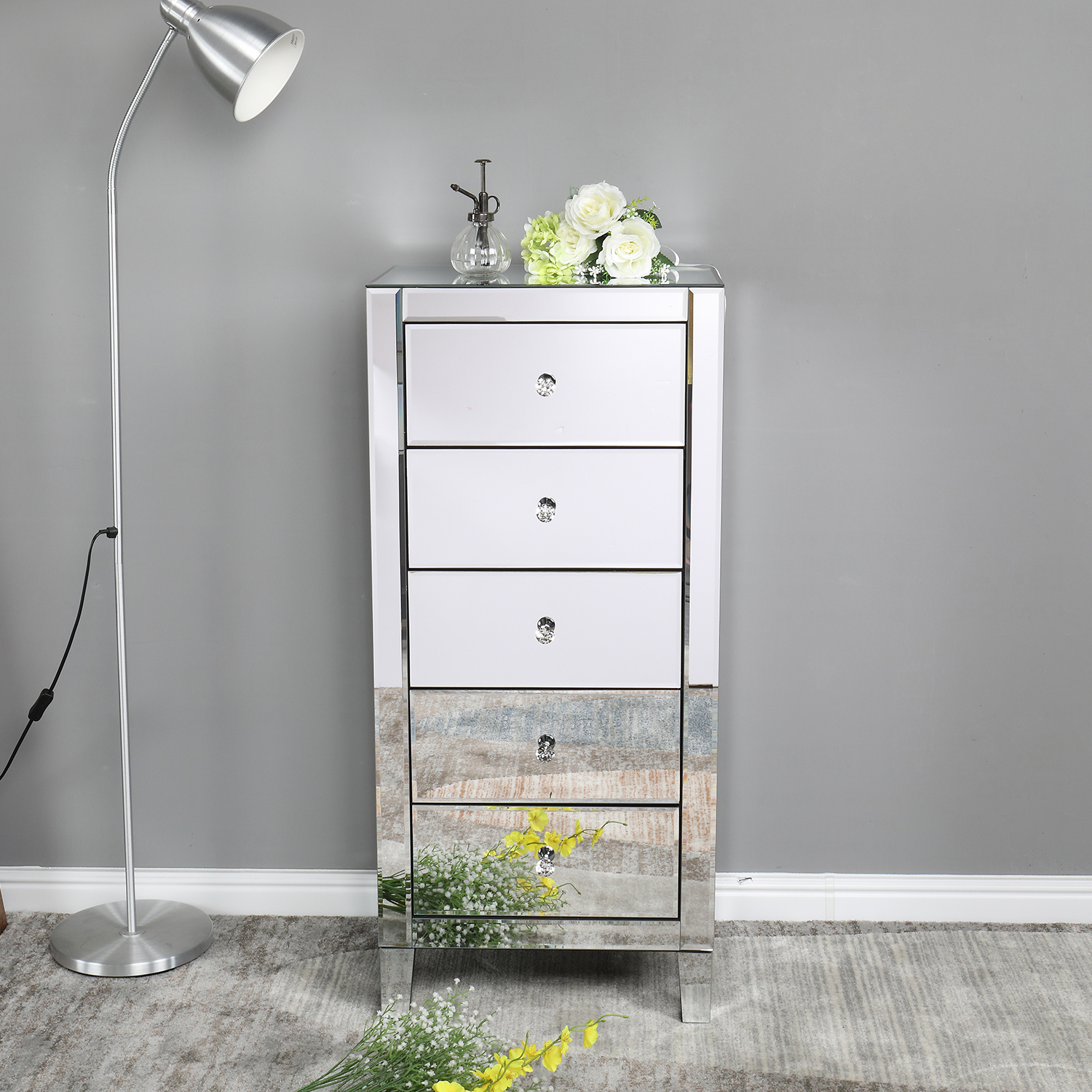 Mirror Big Five Drawer Chest Of Drawers Can Be Used For Bedside Table Chest Of Drawers Silver