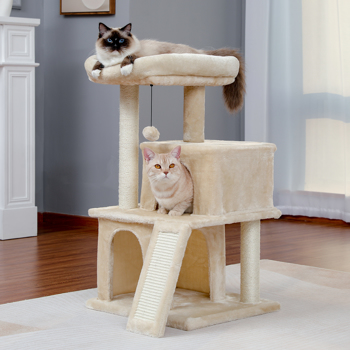 米色多层豪华猫台带有2个舒适猫窝，1个宽敞的顶部躺窝，猫抓柱，坡道和猫互动玩具晃球