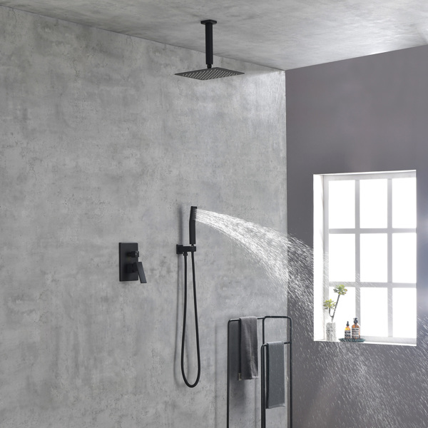 哑光黑色淋浴套装系统浴室豪华雨淋式淋浴组合套装天花板安装花洒淋浴头水龙头-12