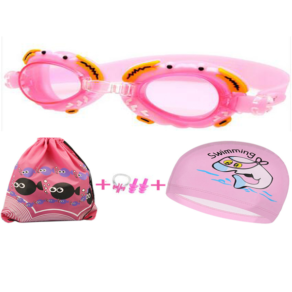 儿童防水防雾泳镜+泳帽+游泳包+鼻夹耳塞4件套 粉色-1