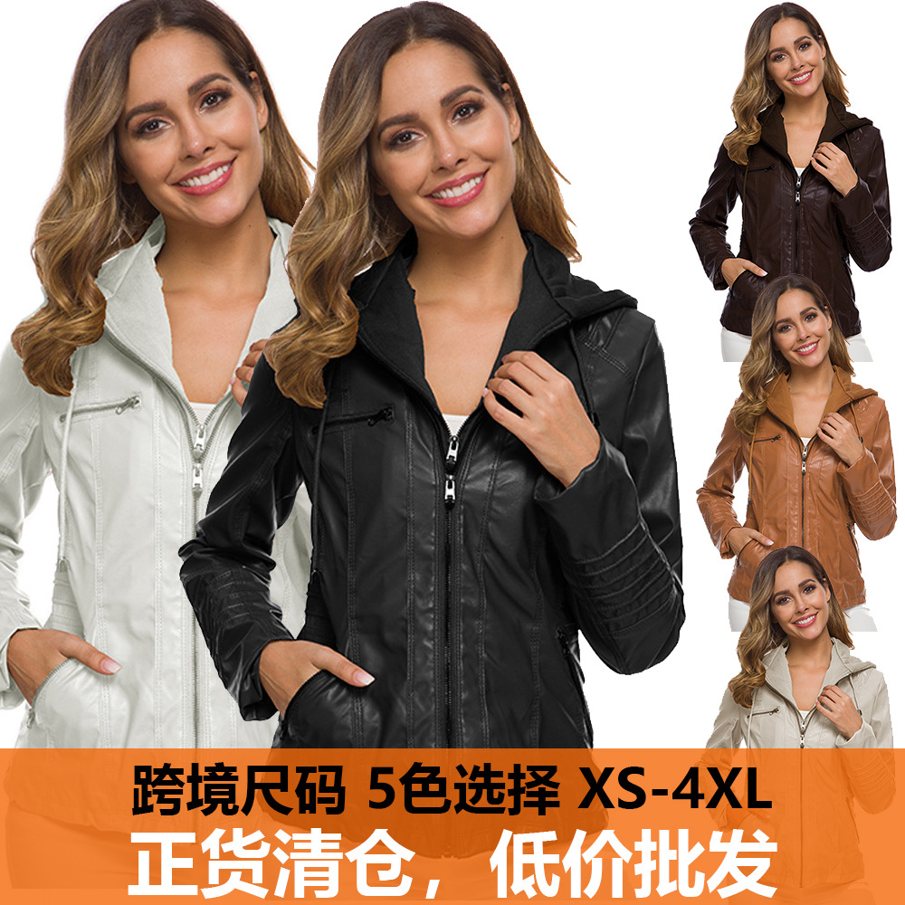 Plus Size Womens Short Winter Jackets Motorcycle Outfit Hooded Leather Coat Biker Clothes Fall Clothing Quilted Jacket