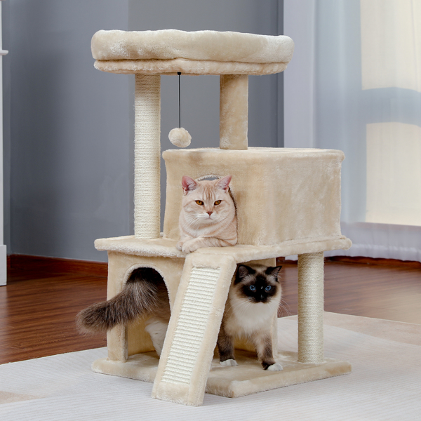 米色多层豪华猫台带有2个舒适猫窝，1个宽敞的顶部躺窝，猫抓柱，坡道和猫互动玩具晃球（周末无法发货，请谨慎下单）-12