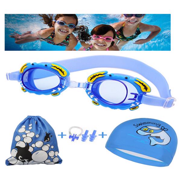 儿童防水防雾泳镜+泳帽+游泳包+鼻夹耳塞4件套 蓝色-9